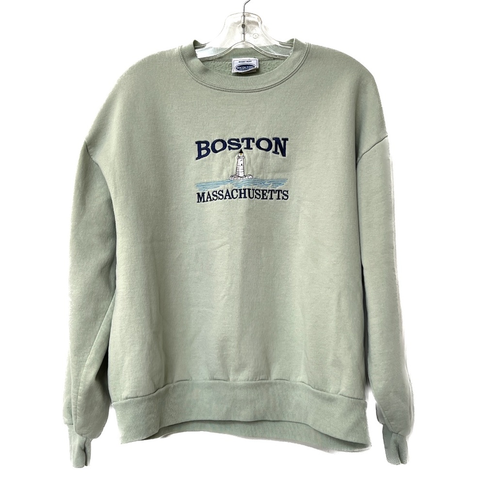 Vintage Boston Massachusetts Sweatshirt Mens L Green White Lighthouse Made USA